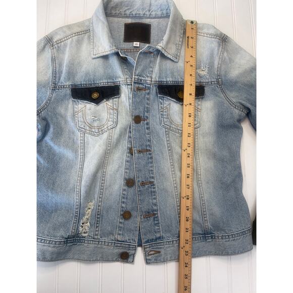True Religion Make Art Not War Painted Denim Jean Jacket Distressed - Size Large - Picture 5 of 9